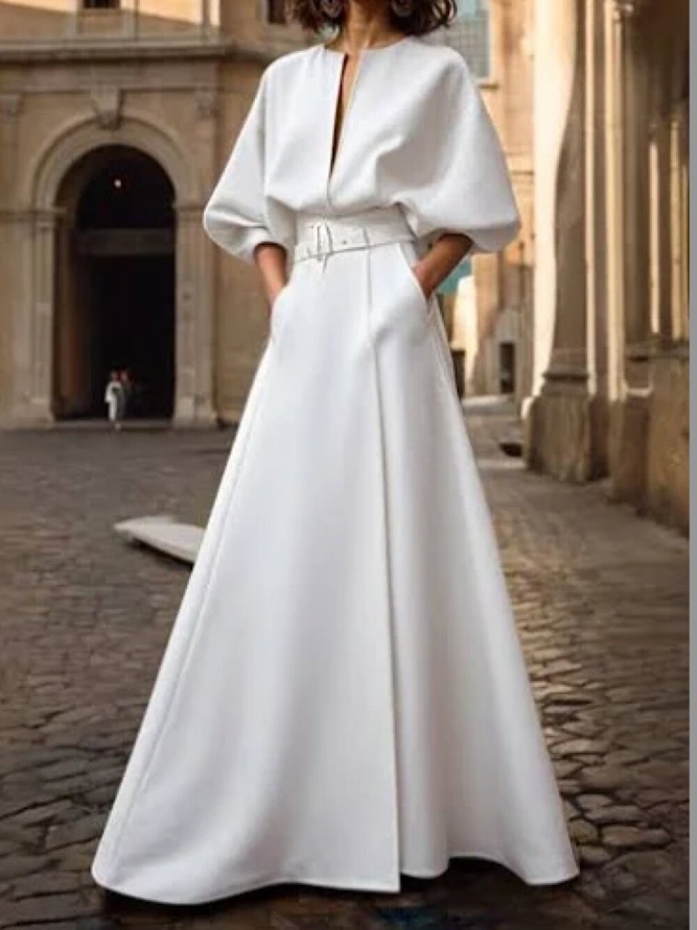 UOOZEE White Half Sleeve Loose Deep V-Neck Stretch Maxi Dress